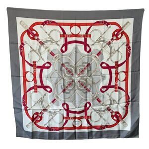 HERMES Carre "Eperon d’or" Silk Gray White Red 100% Silk Scarf 90cm Square